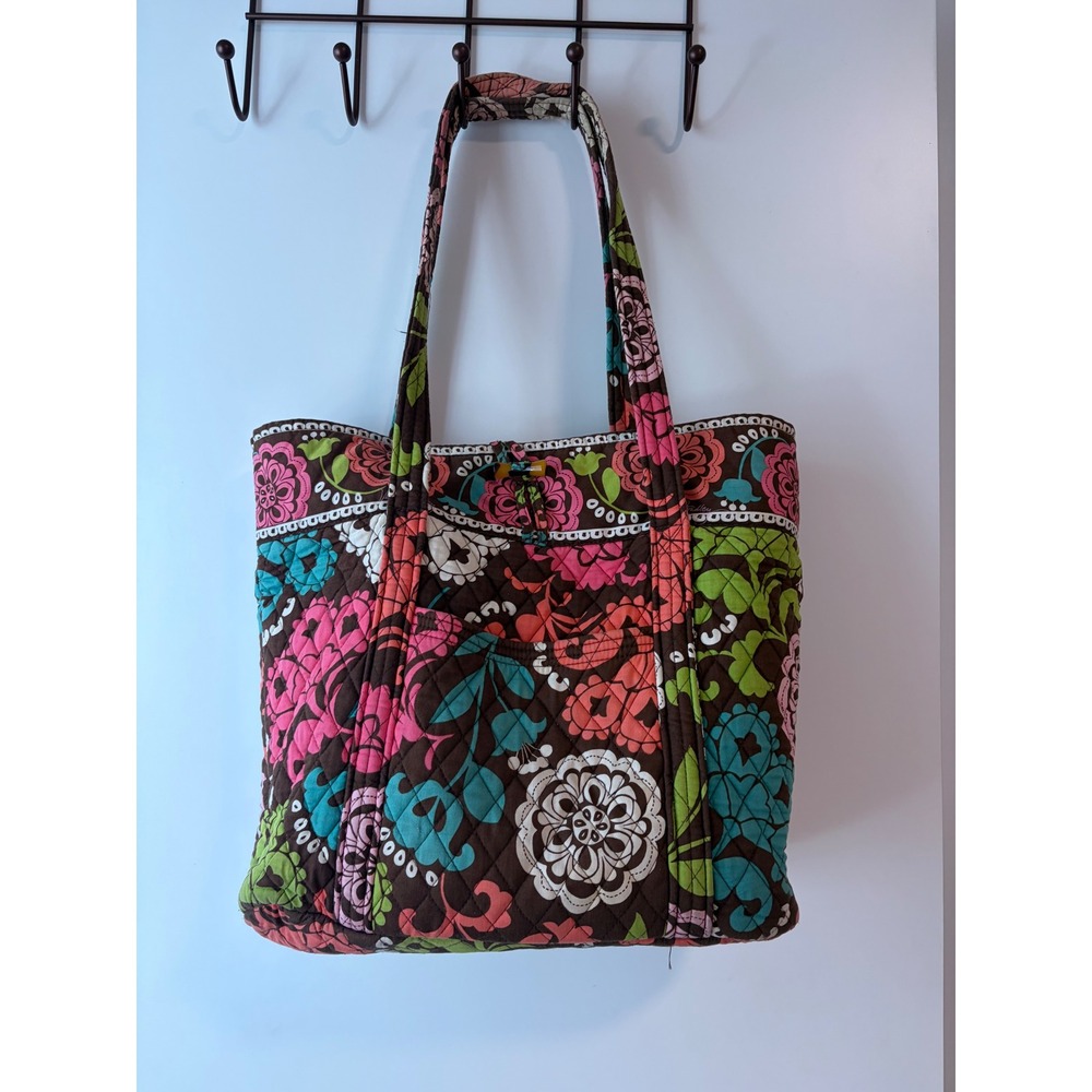 Vera Bradley Mocha Rouge Quilted Cotton Floral Tote Bag Brown Pink Blue Large
